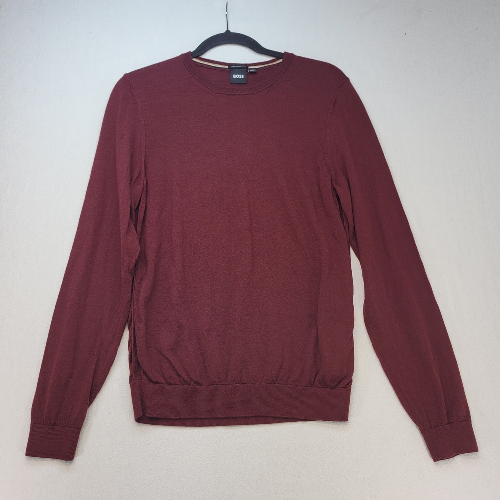 BOSS Crewneck Sweater Mens Size M Deep Red Virgin Wool Italian Yarn Knit